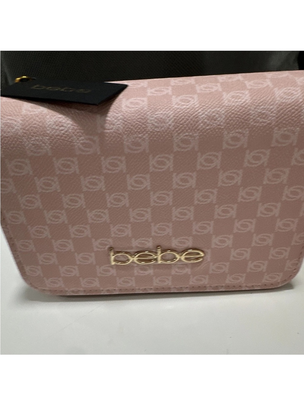 bebe Pink Monogram Mini Crossbody with Gold Logo